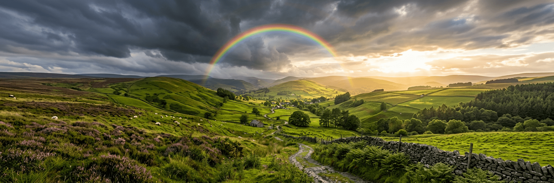Is it too late for me? Rainbow over a green valley with hills, trees, cottages, and a winding dirt path represents restoration.